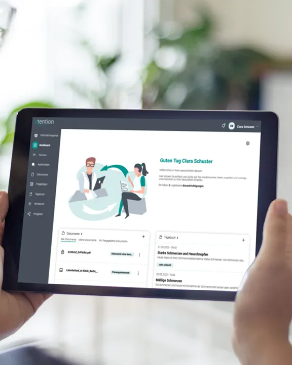 Ein Screen aus dem Patient Portal wird auf einem Tablet angezeigt